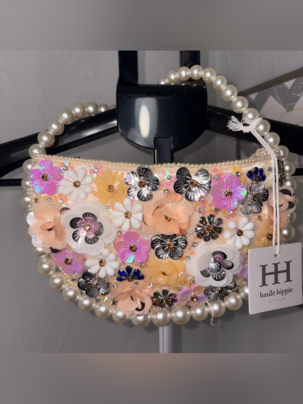 NWT Haute Hippie Floral Sequin Pearl Handle Evening Clutch Bag Multi